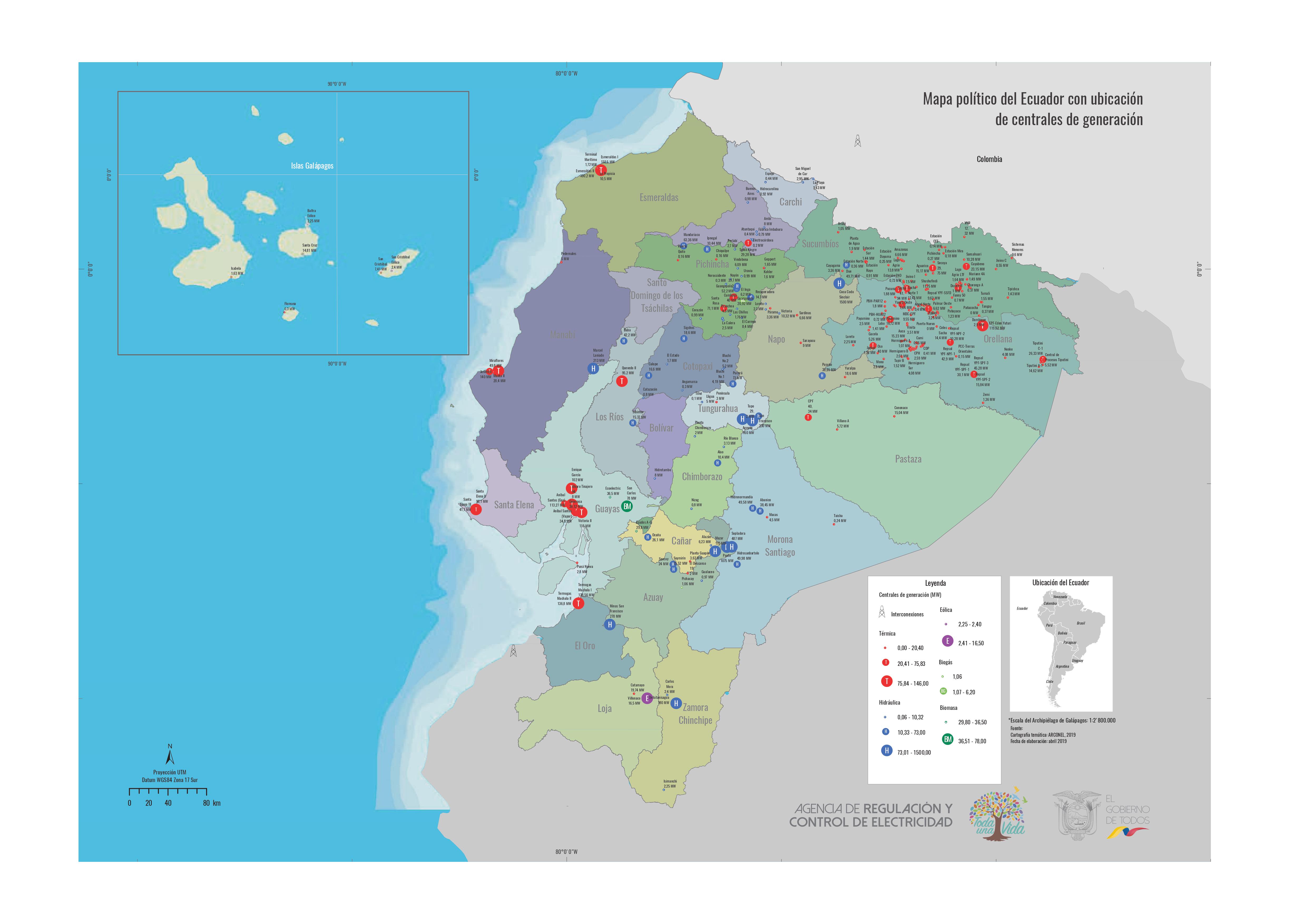Mapa político del Ecuador de centrales de generación